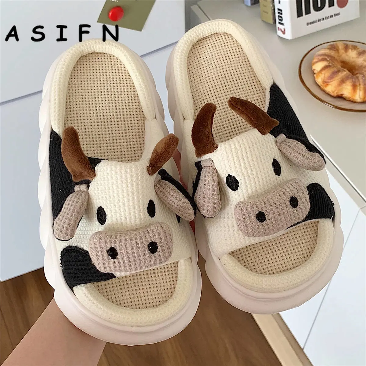 ASIFN Girls Milk Cow Cushion Slippers Women Home Slides Fluffy Winter Warm Cartoon House Cute Funny Shoes Zapatos De Mujer