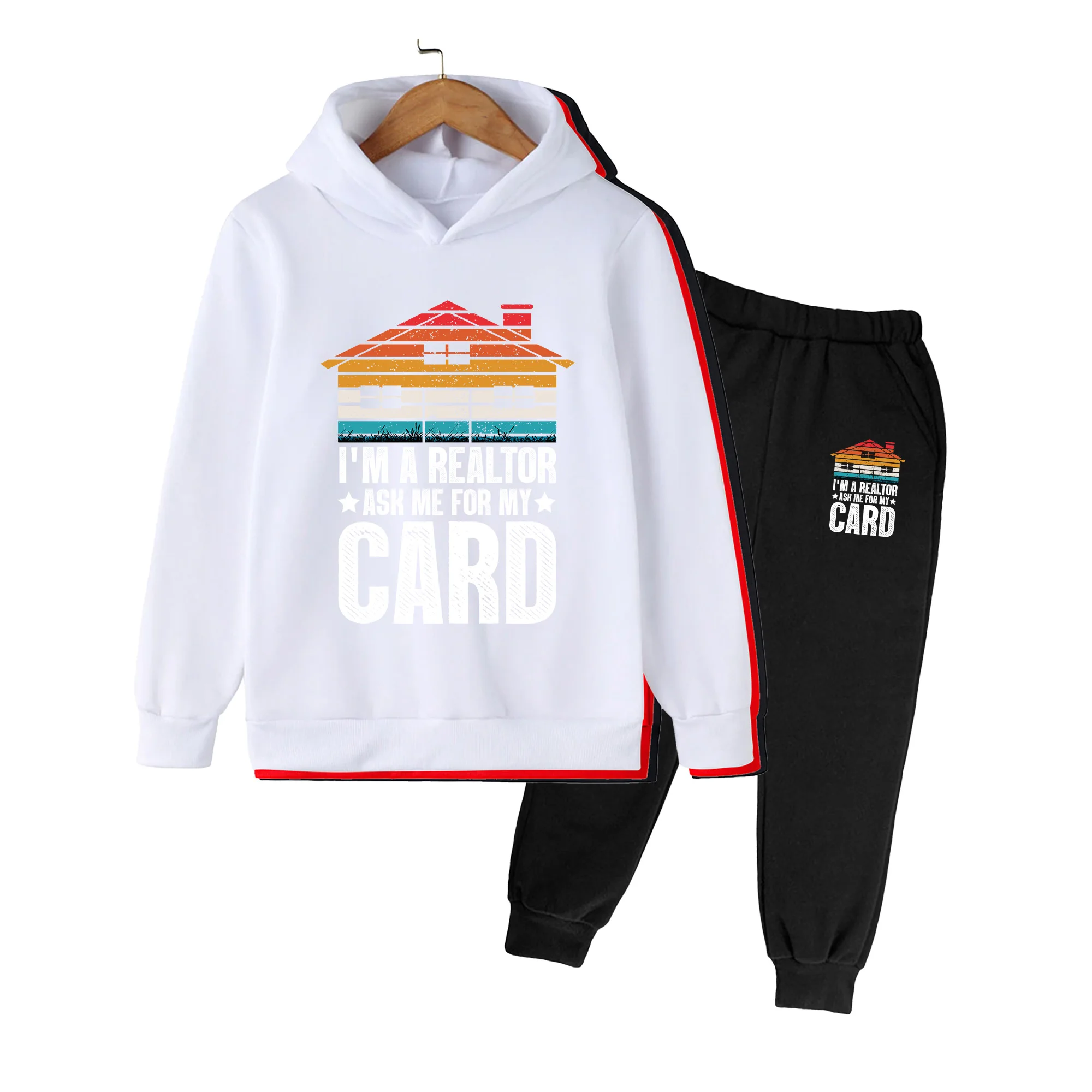 Kids Hoodie & Sweatpants Set, Retro House Print Long Sleeve Tracksuit for Boys Girls, Casual Outdoor Loungewear