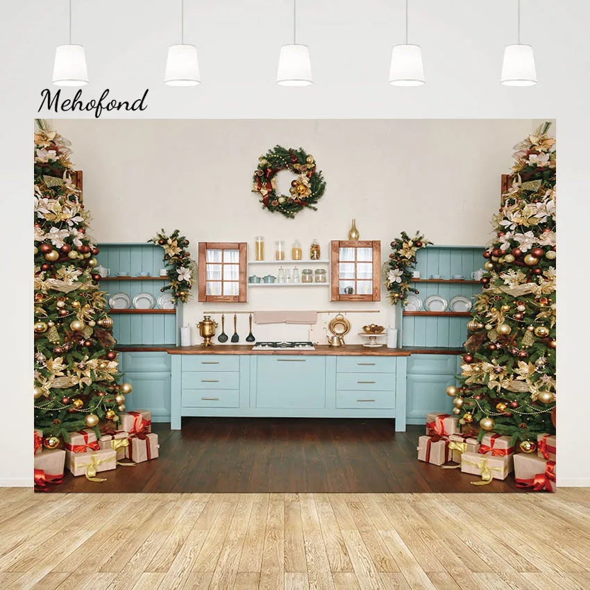 

Mehofond Christmas Party Photography Backdrop Kitchen Cupboard Xmas Wreath Child Birthday Party Portrait Background Photo Studio