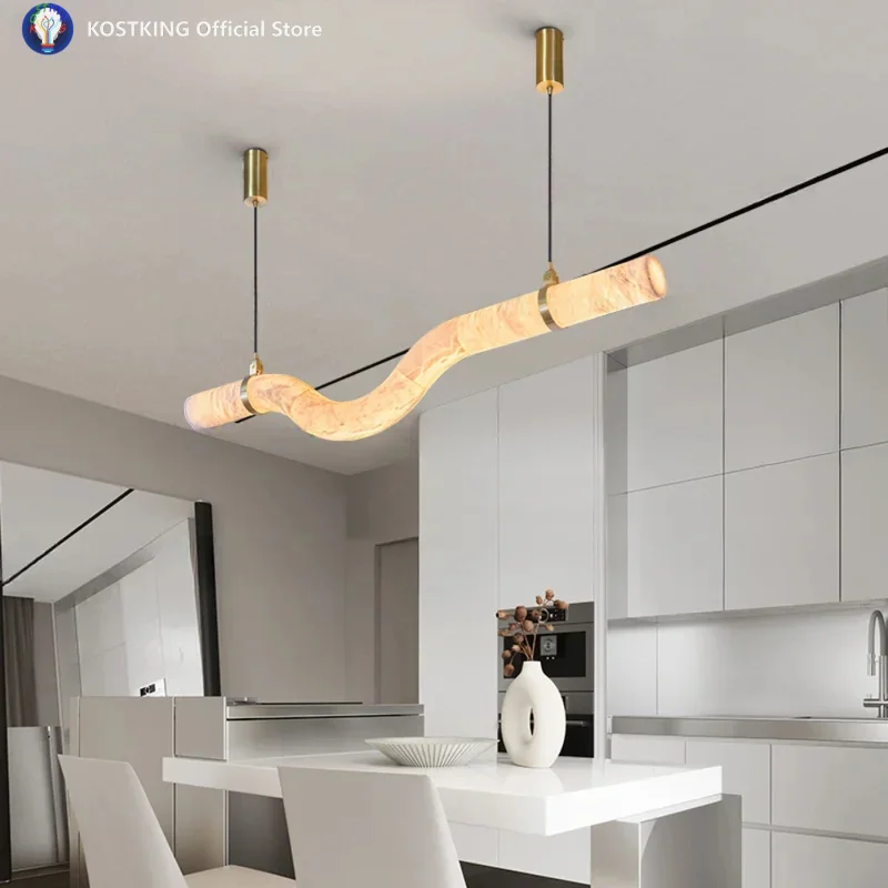 Dimmable LED Natural Marble Art Chandelier Living Room Bedroom Kitchen Ceiling  All Copper Alabaster Special-Shaped Pendant Lamp