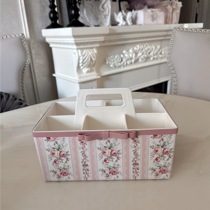 Pink Rose Storage Box Portable Retro Pastoral Home Sundries Fidelous Box Desktop Storage Basket Elegant Lace Pearl Bow Ornaments