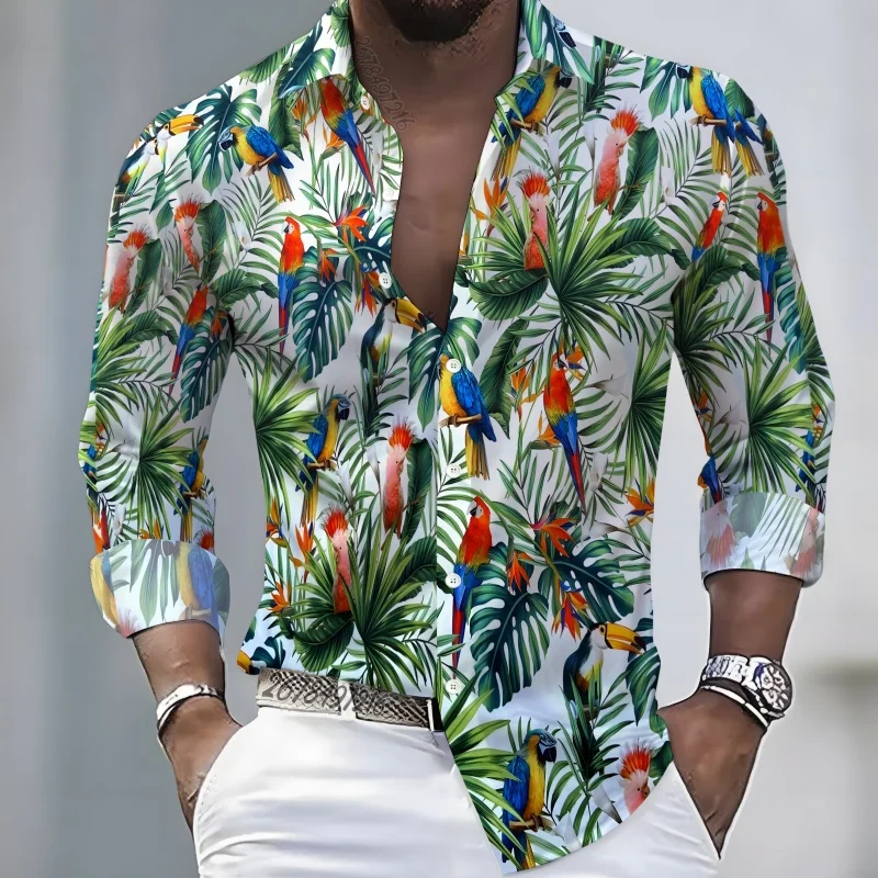 2026 New Hawaiian Style Coconut Tree Print Long-Sleeve Shirt, Stylish Print Men's Casual Vacation Loose Collar Hawaiian Shirt