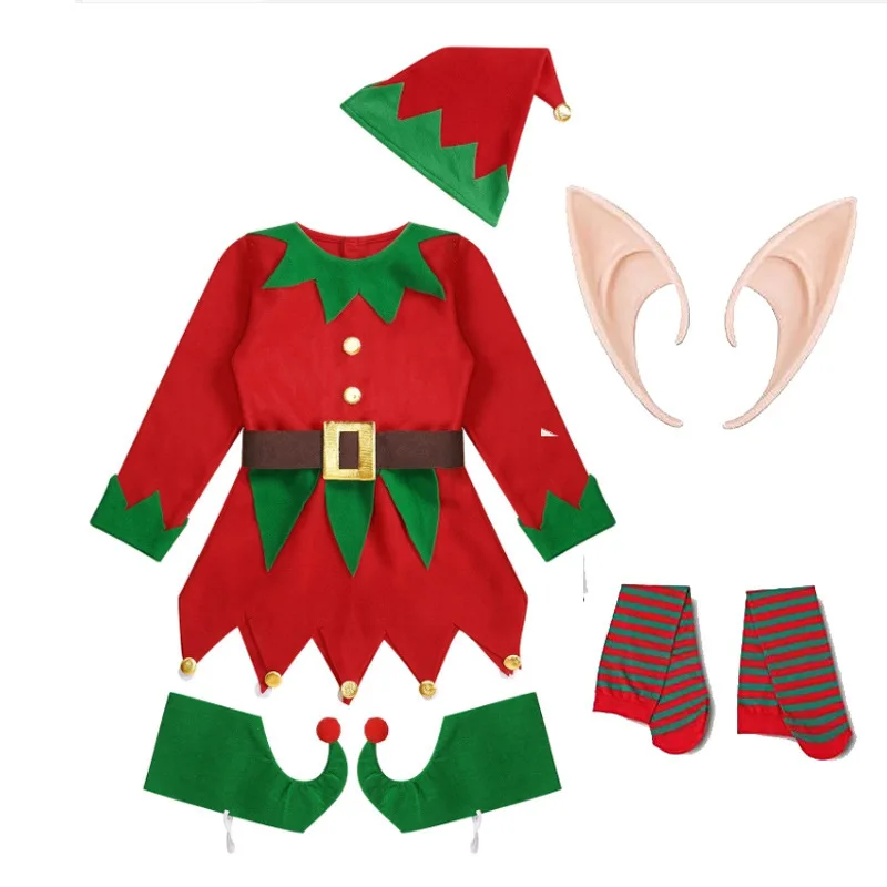 Disfraces de elfo de Navidad para hombres y mujeres, Vestido de manga larga y cinturón, sombrero, zapatos, medias a rayas para fiesta, juego de rol, Cosplay