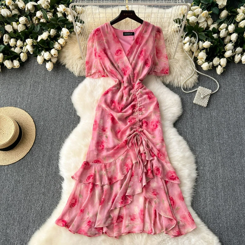 

Women Trumpet Dress Print Folds V Neck Short Sleeve Dresses Shirring Spliced Floral Midi Vestidos Elegant Slim Fit Summer
