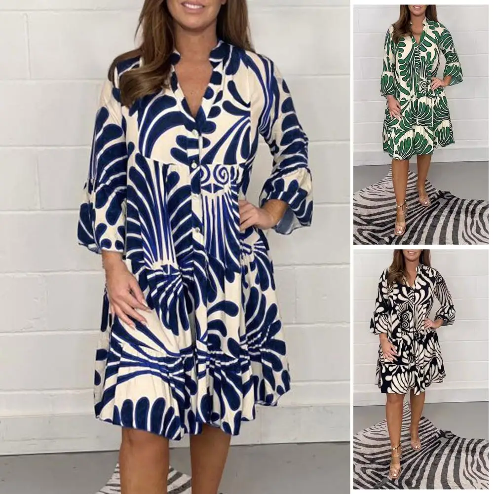 

Commute Dress Stylish V-neck A-line Midi Dress Colorful Print Loose Fit High Waist for Fall Summer Printed V-neck Dress