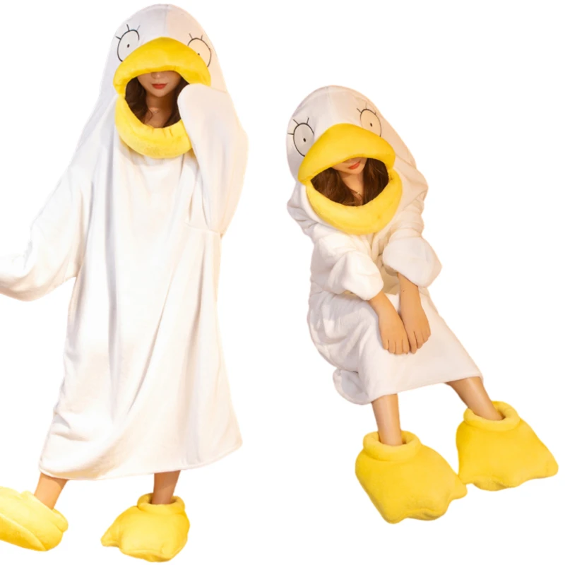 

Frightened Big Eyed Duck Sleeping Bag Plush Pajamas Duck Claw Shoes Thickened Flannel Plush Sleeping Bag Halloween Dress Up Gift