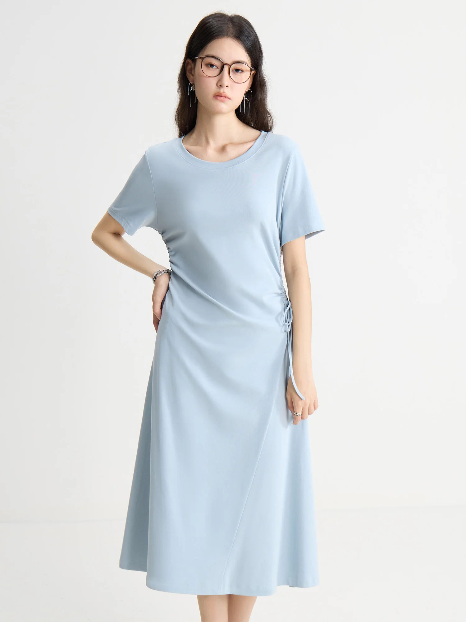 DUSHU【3 Colors】Women T-Shirt Dress Round Neck Casual Female Spring New Long Simple Dresses Pink Dress 24DY82827