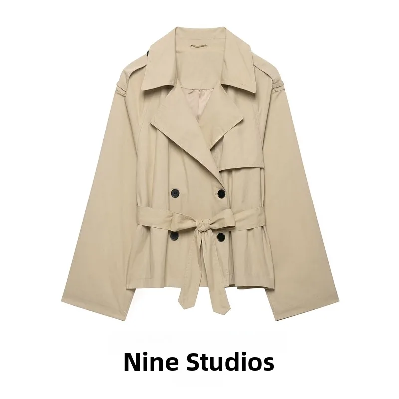 Loose Short Double-Breasted Coat Jacket with Belt Shoulder Pads Women's Fashion Outerwear Windbreaker 2026 Winter Long Sleeve