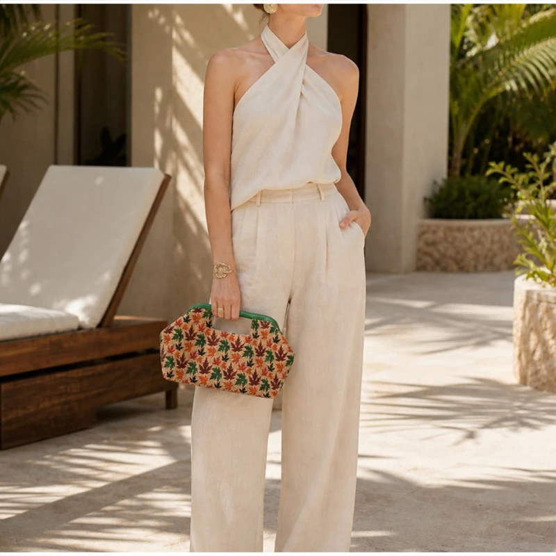 Handtasche mit Obergriff, Clutch aus gewebtem Stroh, Hobo-Tasche in Ahornblatt-Farbblock-Design, Damen-Sommermode-Abendtasche mit Farbkontrast – Detail 18