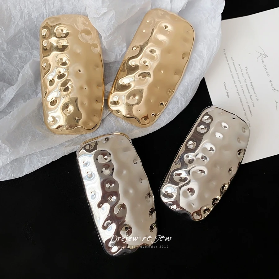 DREJEW Hammered Rectangle Drop Earring Textured Surface Wide Shape Statement Earring for Women