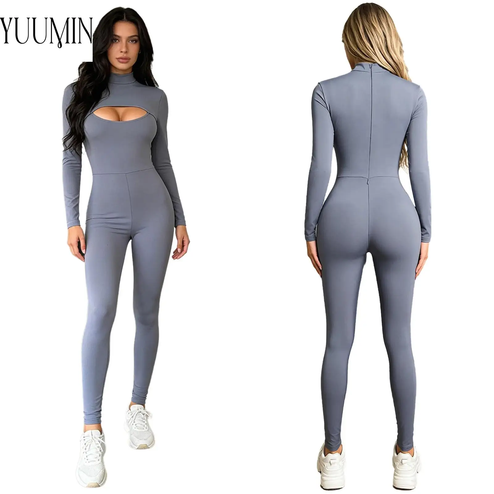 

Женский комбинезон для йоги с вырезом на груди и молнией сзади, с длинным рукавом, невидимой молнией в промежности, для спортзала, пилатеса, тренировок и спорта