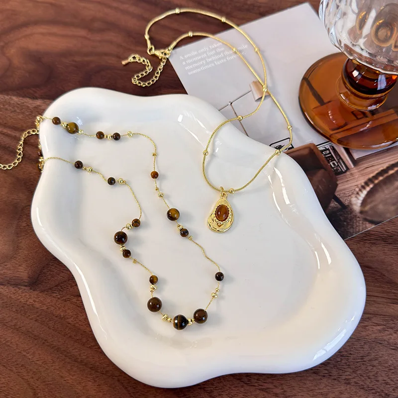 Tiger Eye Beaded Necklace Double Layer Vintage Premium Golden Brown Stone Sweater Chain Elegant Daily Office Gift Women