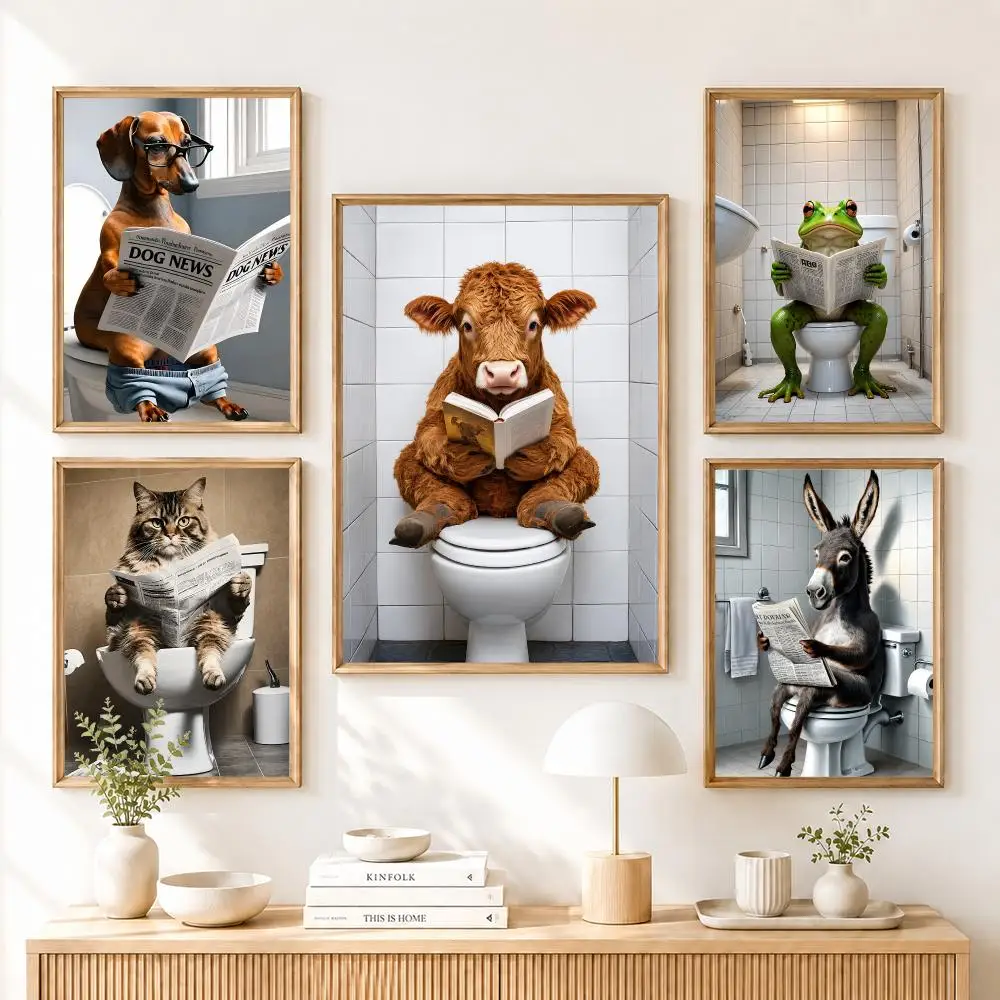 Bathroom Cat Reading On Toilet Poster Home Living Bed Room Bar Hallway Sticky Wall Art Printing Aesthetic Decor