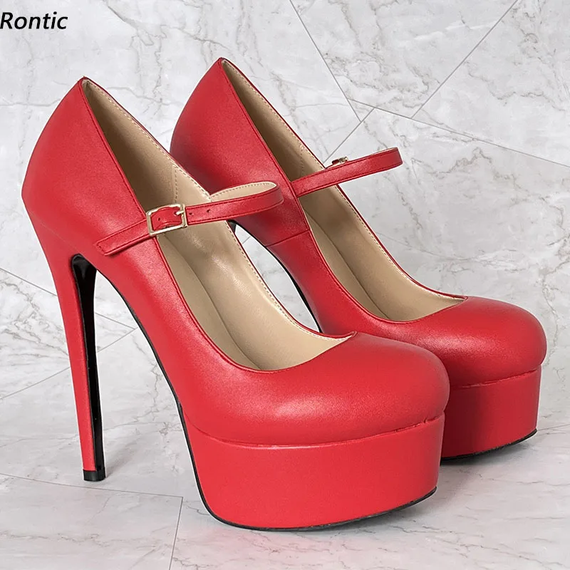 

Rontic Handmade Women Spring Pumps Platform Sexy Thin Heels Round Toe Beautiful Red Party Shoes US Plus Size 5-20