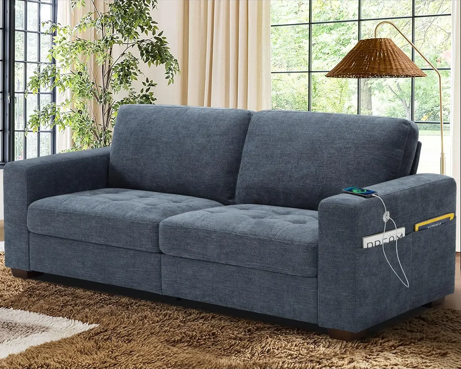 89 Inch Sofa Couch, Modern 3 Seater Couch With Removable Covers And USB Ports, Large Chenille Comfy Sofa For Living Room|