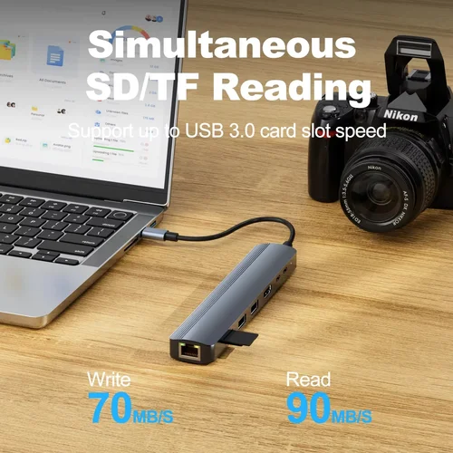 Imagen 2 del producto Estación de acoplamiento Hub USB C 8 en 1 con Ethernet de 1000Mbps HDTV 4K60Hz 2 USB3.0 2 puertos USB-C adaptador PD 100W datos de carga máxima