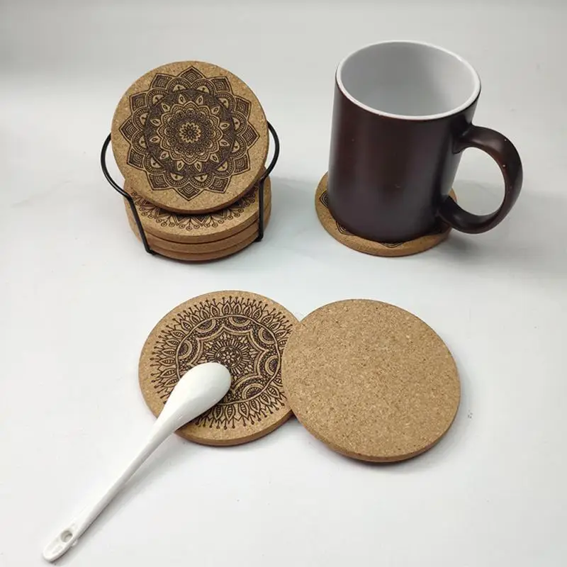 6PCS Mandala Round Wooden Coaster With Rack Set Cork Coasters Cup Pot Pad Bowl Placemat Heatproof Mat Kitchen Tableware Accessor