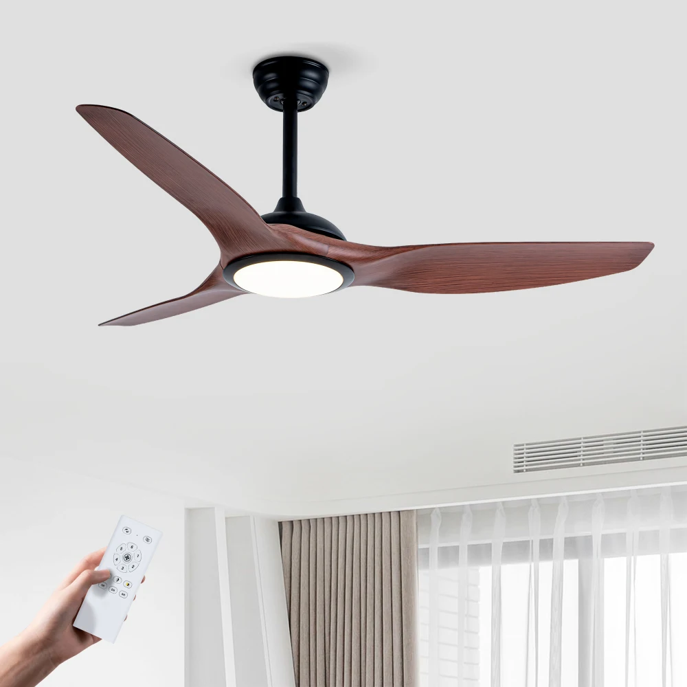 

52 Inch ABS Blades Ceiling Fan w/ LED Light, DC 6 Speed, Remote, Adjustable Height (Matte Black+Wood)
