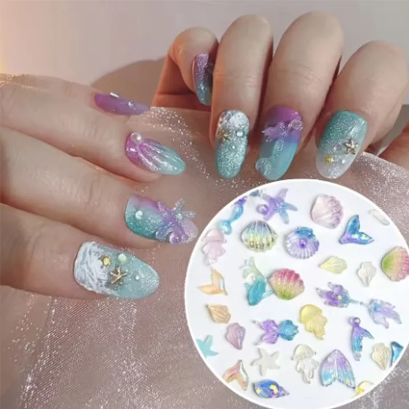 50/100 Uds. Crea cuentas de uñas de concha simuladas 3D, medusas translúcidas de colores, serie de diseño marino, decoración de resina artística para uñas DIY