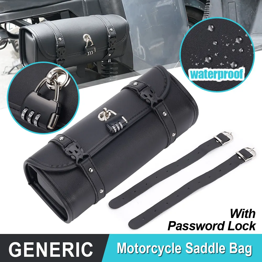 

Motorcycle Saddlebag PU Leather Cool Saddlebag Waterproof Front Fork Handlebar Bag With Lock Luggage Bag Hanging Bag Accessories