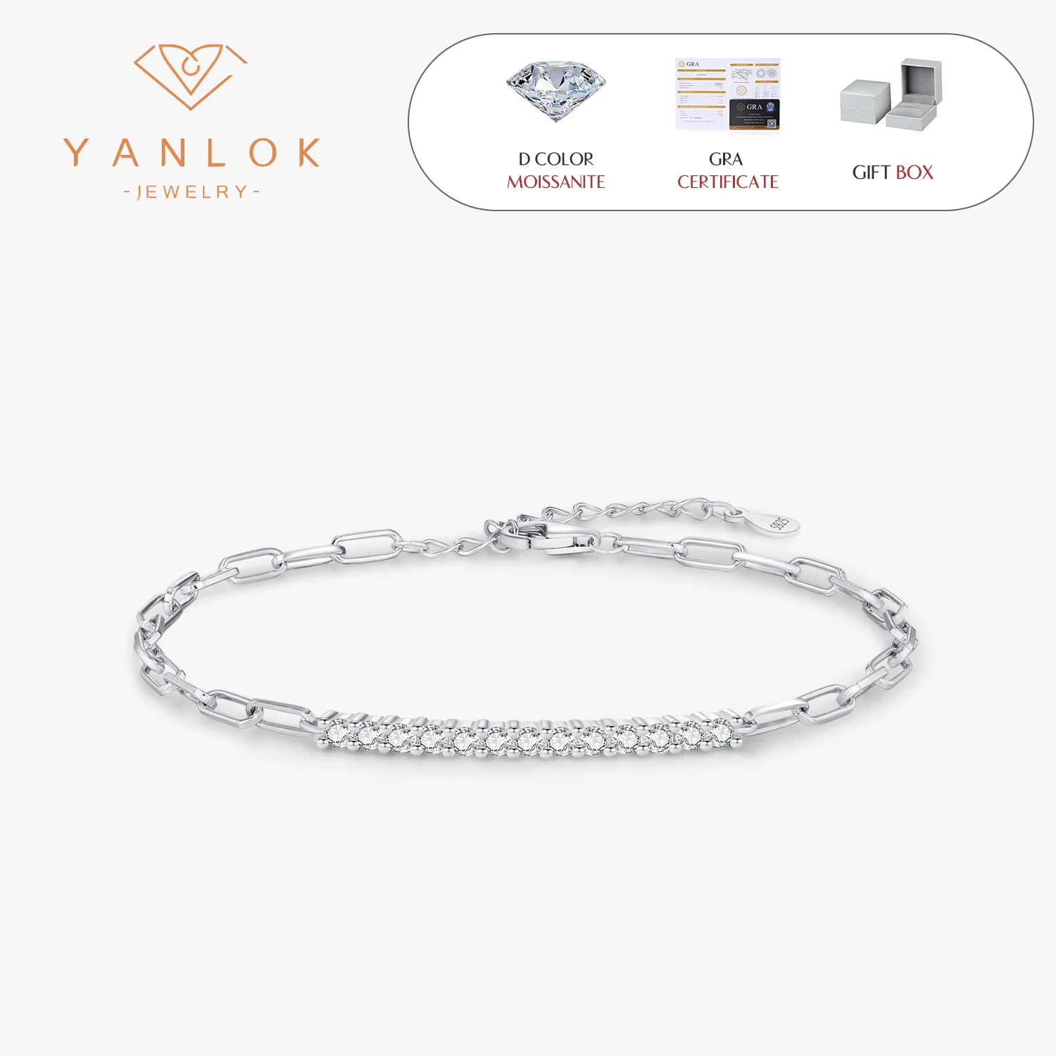 

YANLOK 925 Sterling Silver Shiny D Color Moissanite Bracelet For Women Exquisite Link Chain Bracelet Daily Fine Jewelry Gift