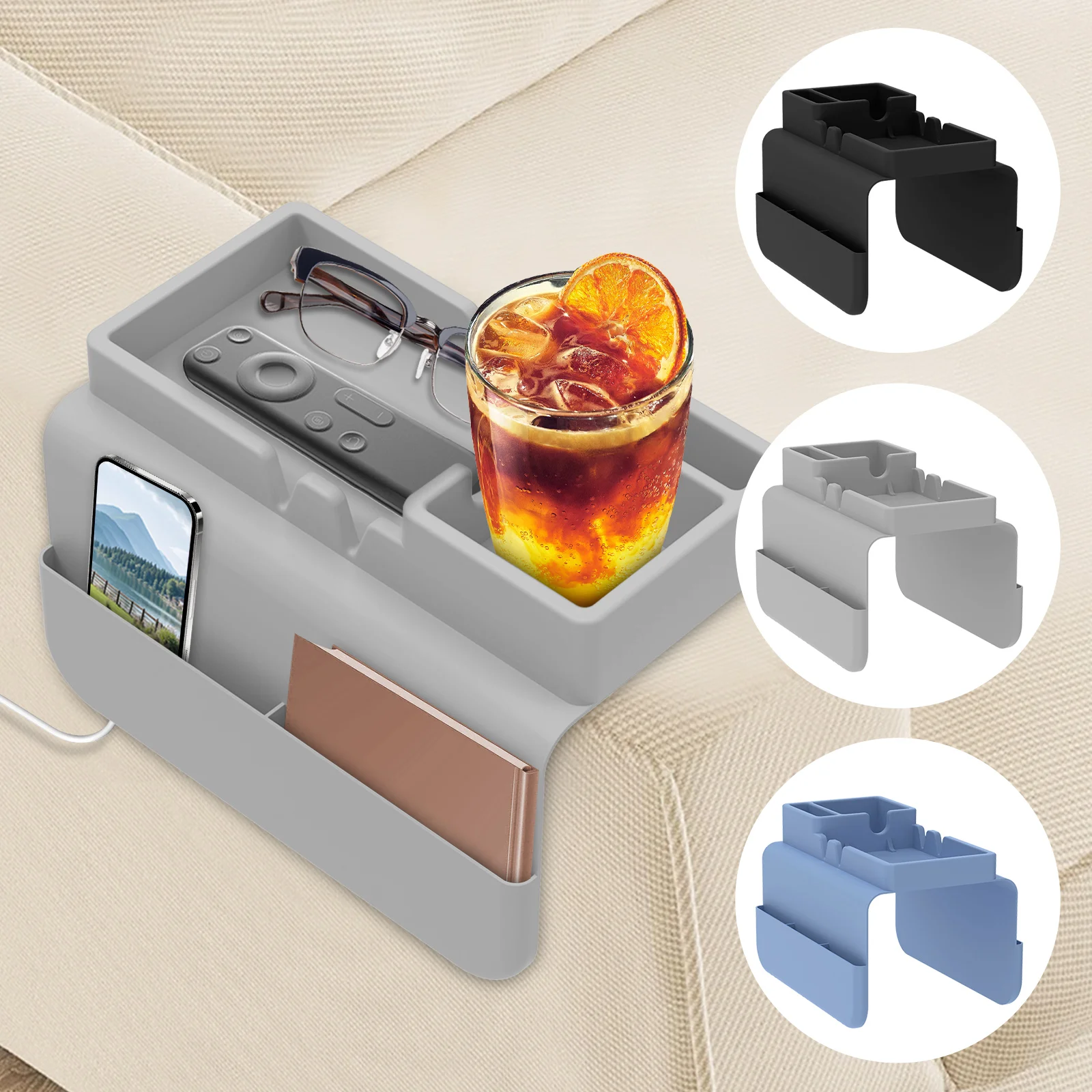 Silicone Sofa Armrest Tray Non Slip Couch Cup holder with Dual Slot Side Pocket for Beverage Snacks Phone Remote Control Holder