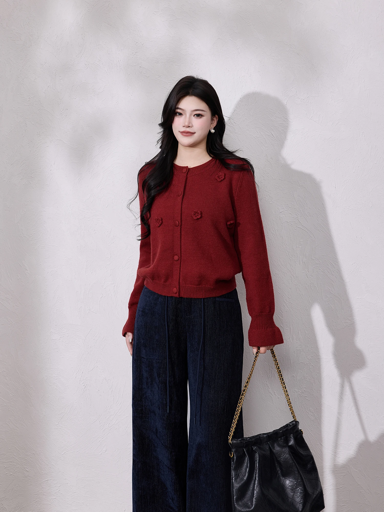 

Warm Knitted Long Sve Sweater 3D Floral Design Versatile plus Size Women's Winter Top Slimming Sli Polyester Blend