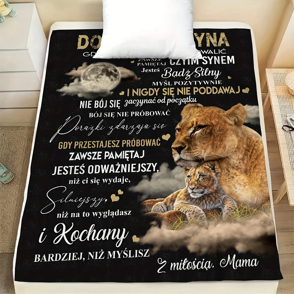 1pc Polish Mother'S Blessing Encouragement Message Printed Blanket with Lion Elements, Perfect Gift for Family And Friends, Suit