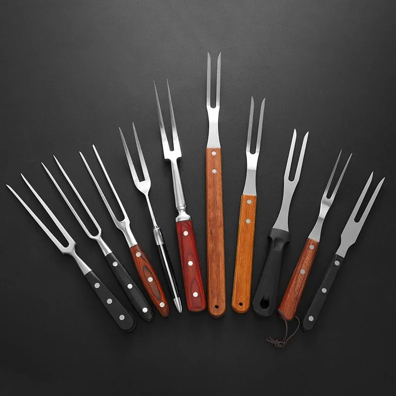 

New Outdoor barbecue tools Stainless Steel Pot Fork with Wood Handle Steak Roast BBQ Grill BBQ Barbecue Fork Grilled Meat Fork