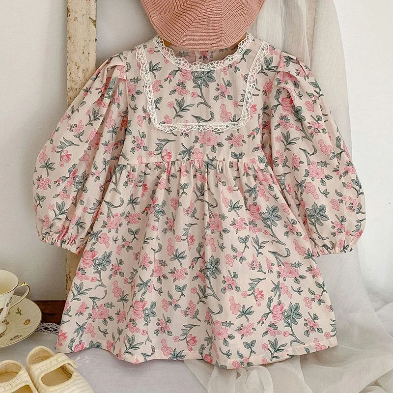 Spring New Kids Baby Girls Long Sleeve Sweet Flower Printing Princess Dress Autumn Baby Girls Dress Children Clothes Dress