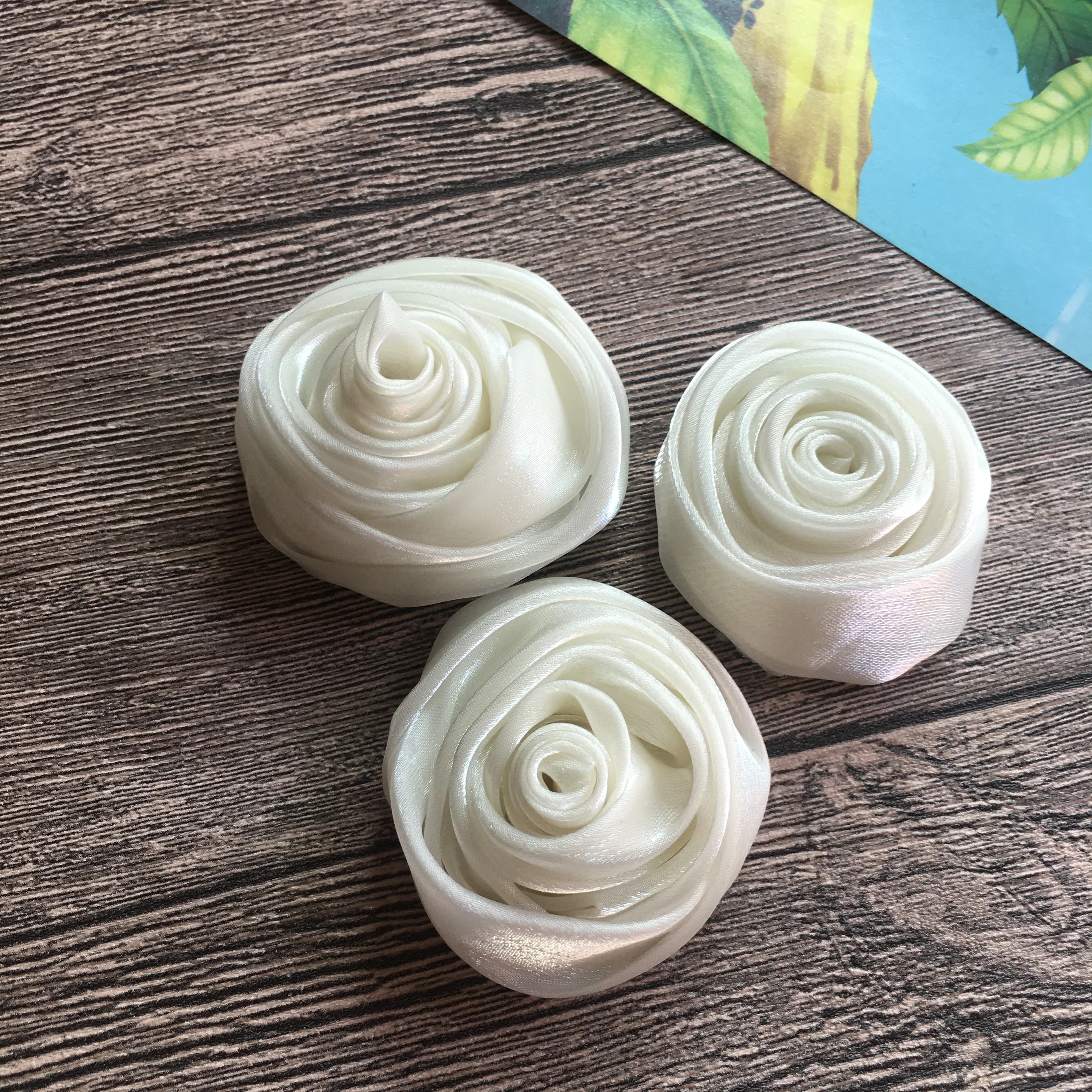 2.0 Inch Solid Fabric Rose Flowers Rolled Rosette Flat Back Children DIY Accessories Organza Rosette For Hats Shoes Garment