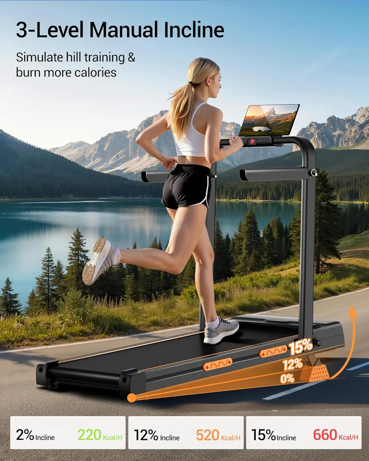 3 in 1 Walking Pad Treadmill for Small Home, 16% Incline, Folding, Handle Bar, 330 Lbs Capacity