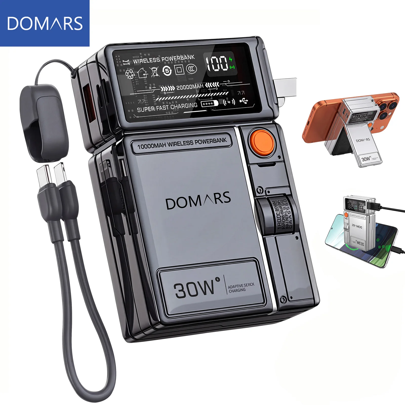 Domars 30w 10000mAh Magnetic Wireless Power Bank Stand Portable USB Cable Fast Charging Spare Battery for iPhone Samsung Xiaomi