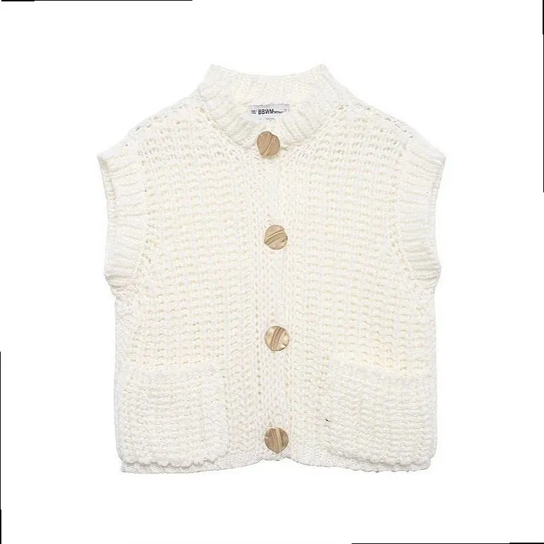 Cozy Knit Cardigan Vest for Women Gold Button Patch Pocket Chunky Knitwear Cardigans Open Front Spring Summer