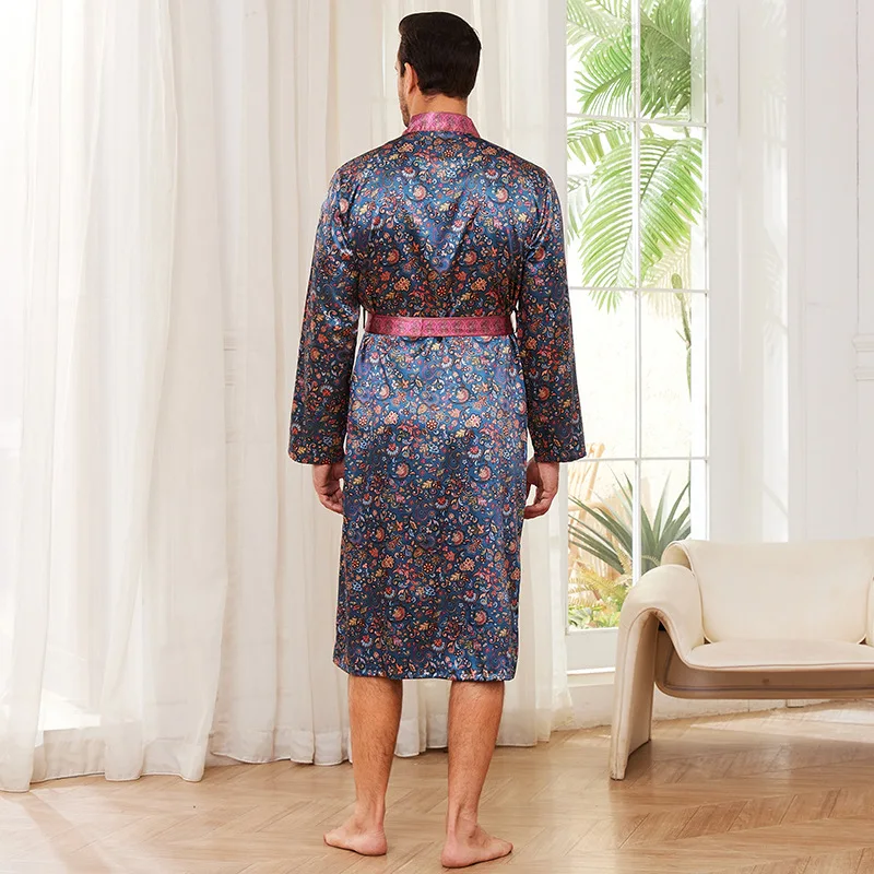 Men Bath Robe Satin Print Kimono Long Sleeve Bathrobe Silk Sleepwear Lounge Nightgown