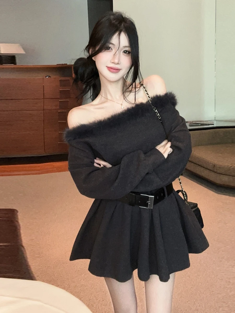 

Сексуальная милая длинная юбка-свек с меховым воротником и свободной талией трапециевидной формы для ленивых девочек, зимний сезон, женская мода Dr