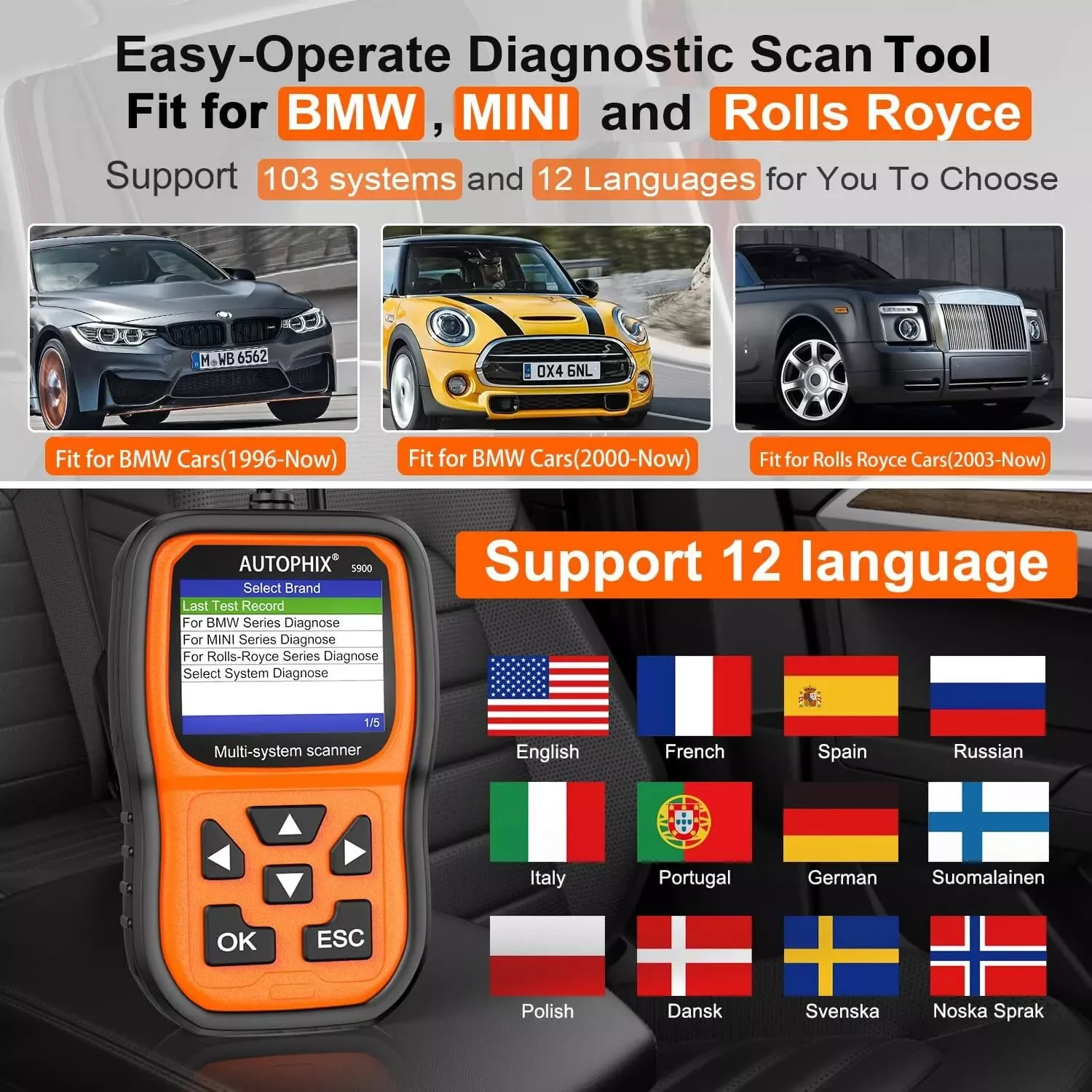 Autophix 5900 OBD2 Scanner Oil EPB ETC Reset OBD 2 Car Diagnostic Tools for BMW MINI Support Multiple Language