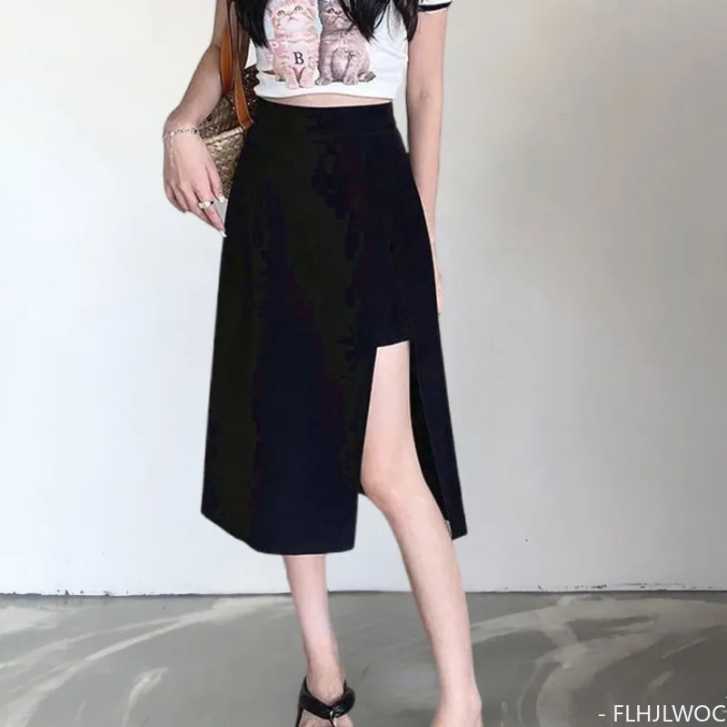 

Hot Sales New Design Chic Korea Fashion Women Office Lady High Waist Tunic Solid Black Long Split Slit Skirts