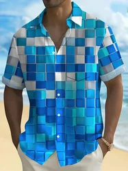 Hawaiian men's shirt, 3D solid geometric block pattern print, short sleeved V-neck shirt, suitable for summer vacation, plus siz