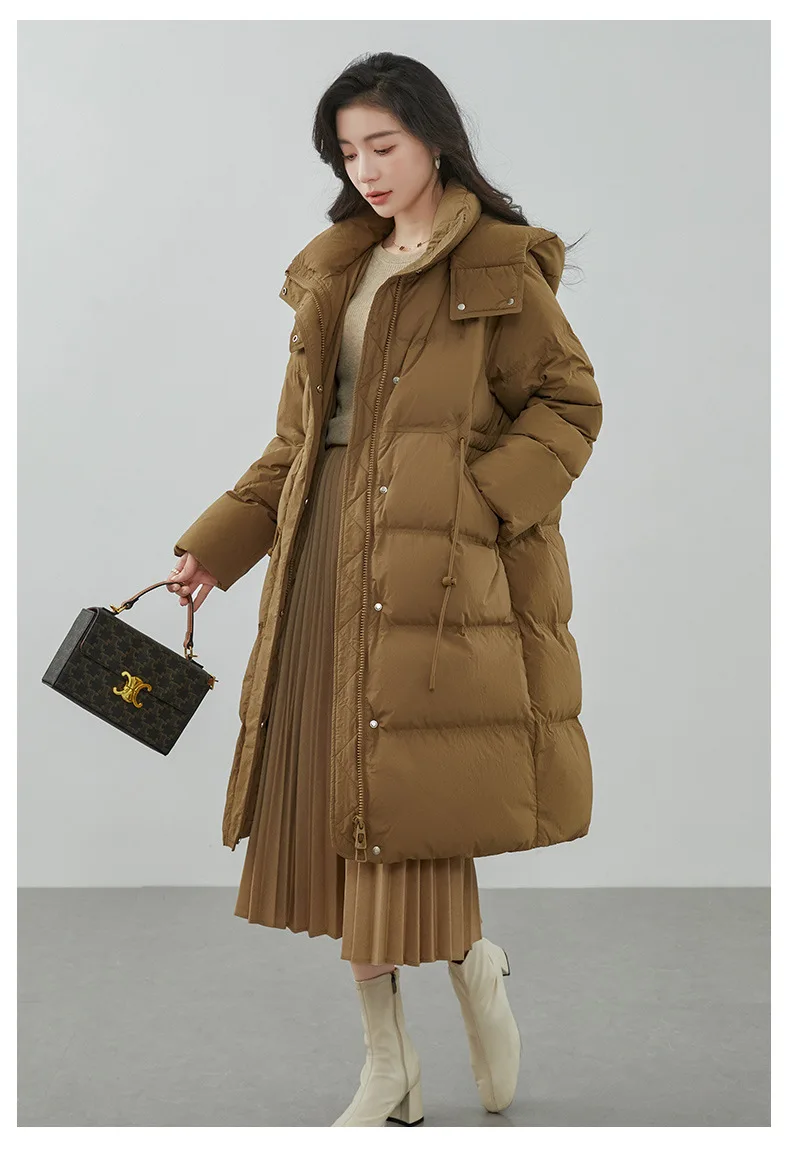 

Waist-Defining Long Puffer Jacket for Women 2025 Winter Ultra Warm Knee-Length Hooded Coat Elegant Style