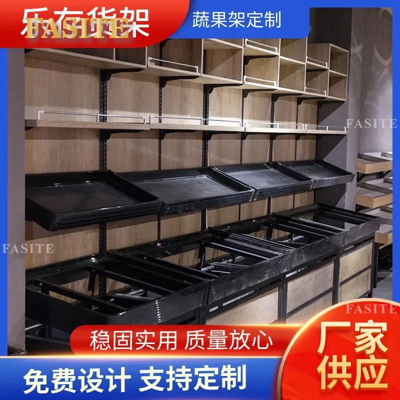 For Steel Wood Fruit and Vegetable Rack 3 Tier Single Sided Supermarket Display Shelf New Style Multi Layer Storage Stand