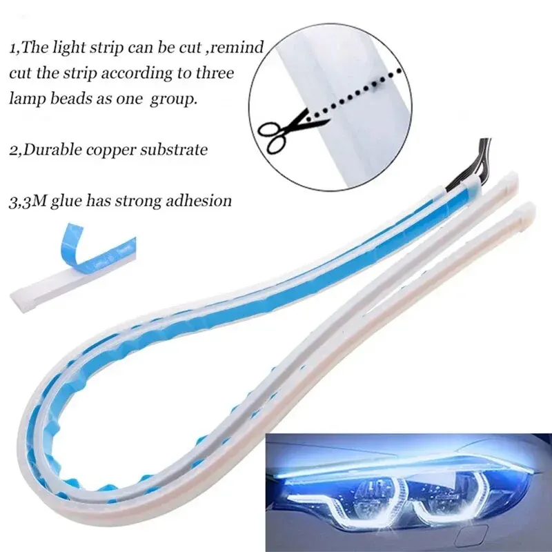 2PCS 30CM Car Daytime Running Light Flexible Strip Ice Blue Turn Signal Yellow Brake Flow Lights DRL Auto Headlights 12v