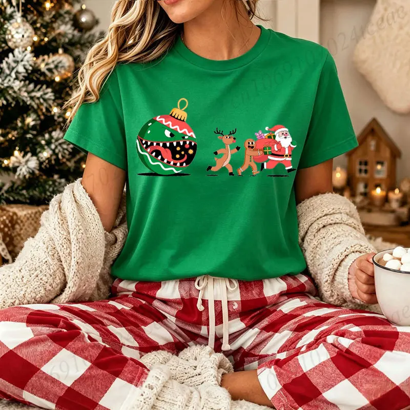 Women Christmas T‑Shirt Xmas Monster Santa Reindeer Gingerbread Man Print Short Sleeve Tee Holiday Party Top Ladies Xmas Gift