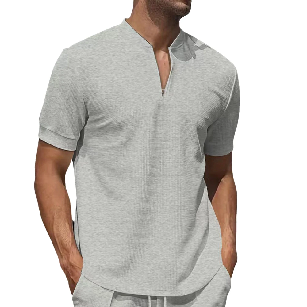 Top Men Top Half Open Neck Regular Shirt Slim Fit Solid Color T Shirt Zip Zip Half Open Neck Fashion Hot Stylish