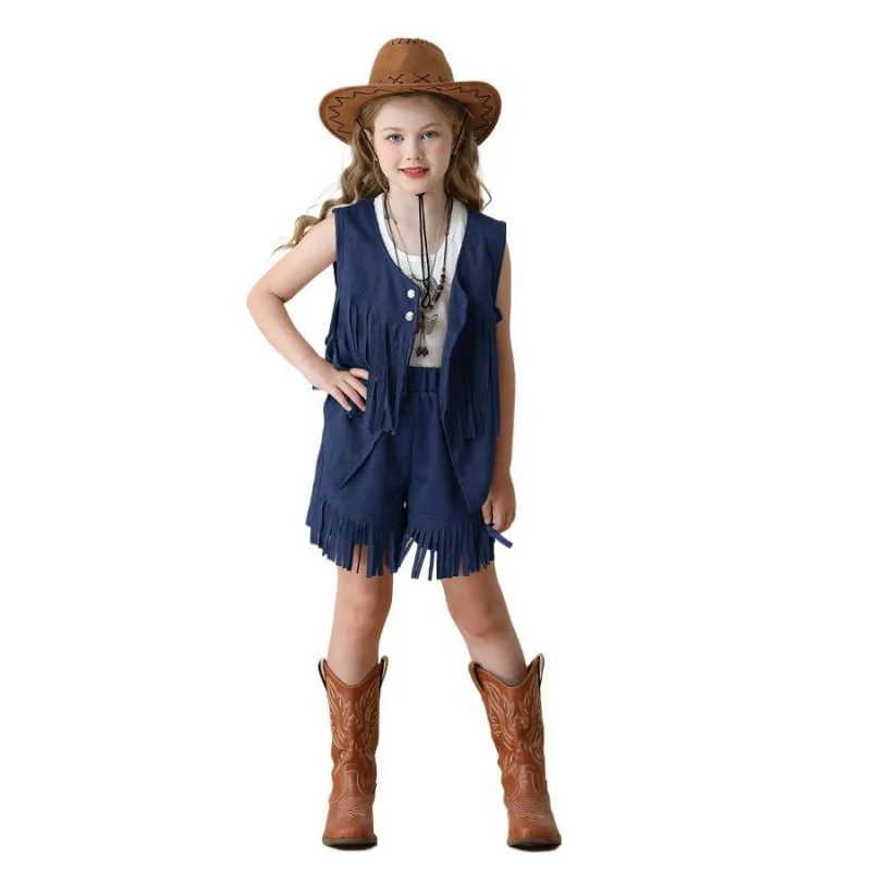New Carnival Cosplay Costume Tassel Vest Deerskin Western Denim Shorts Theme Party Role Playing Outfit for 8 Years Old and Above