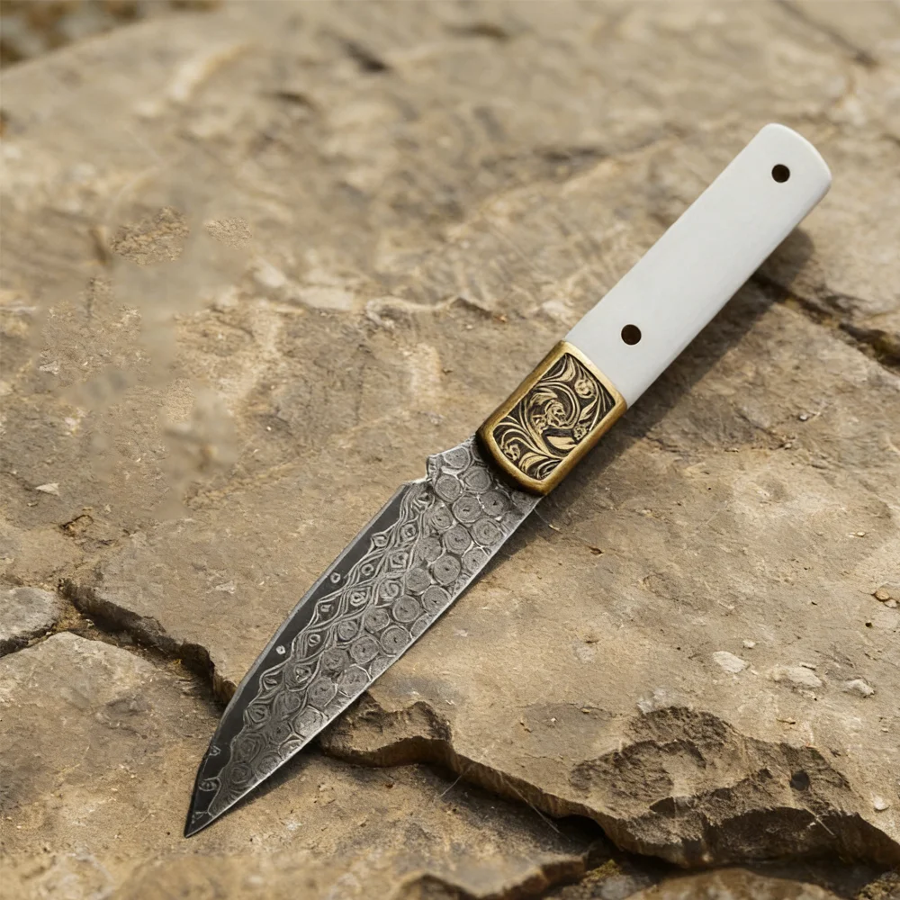 

Premium Damascus Steel Semi Finished Blade DIY Tea Knife Needle Outdoor Straight Knife Hand Tool Accessories