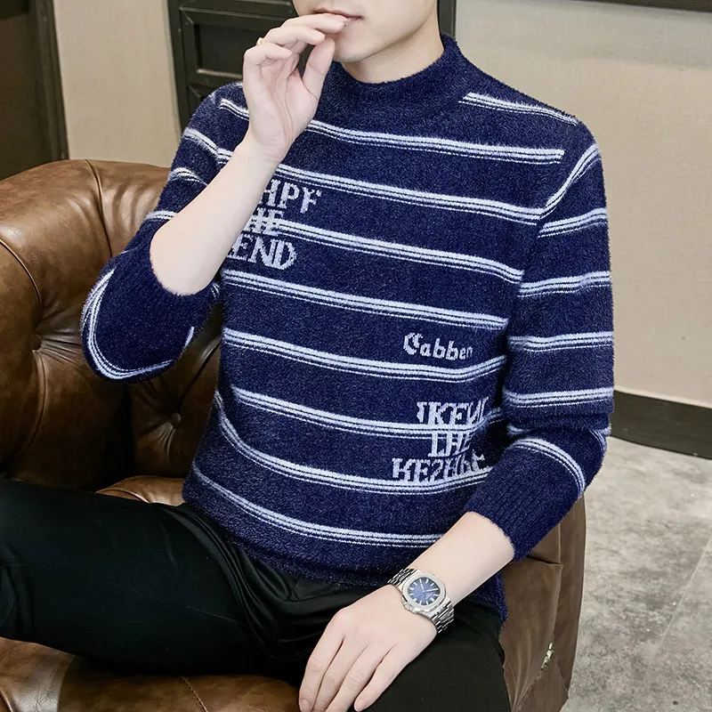 

Мужской модный повседневный полосатый вязаный свитер с высоким воротником из искусственного меха норки, универсальный, утепленный, с длинными рукавами, осень-зима
