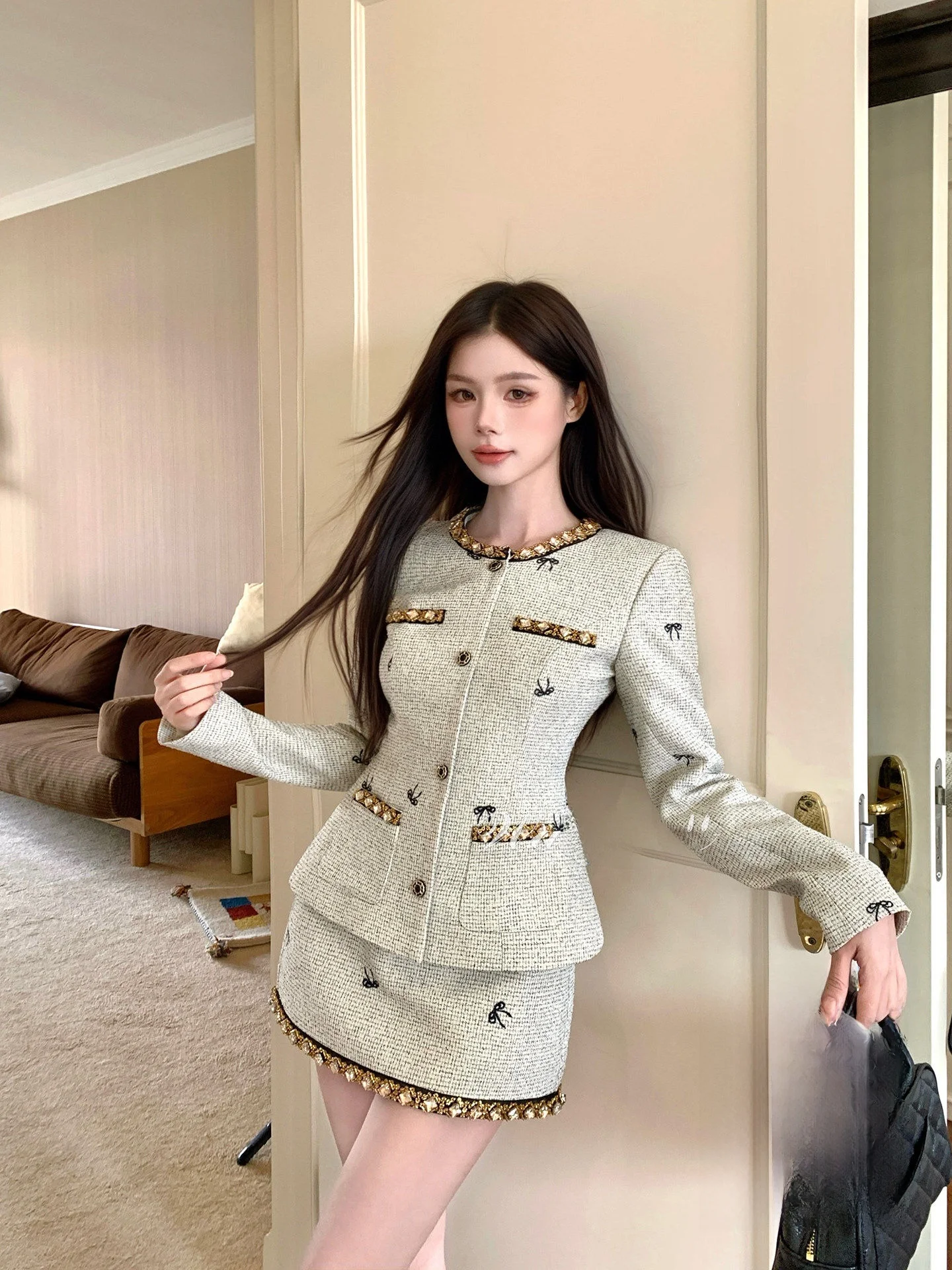 

Wahju Women's Autumn Winter ort Coat Knot Design Slim Fit Tweed Jaet And Skirt Set Faionable Co...