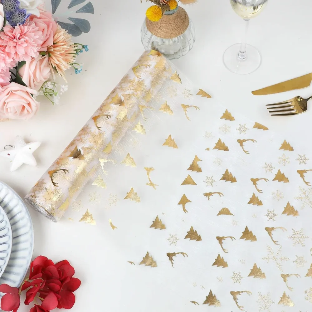 Beautiful Organza Table Runner Gold Silver Foil Snowflake Elk Pattern Table Centerpiece For Holiday Dinner