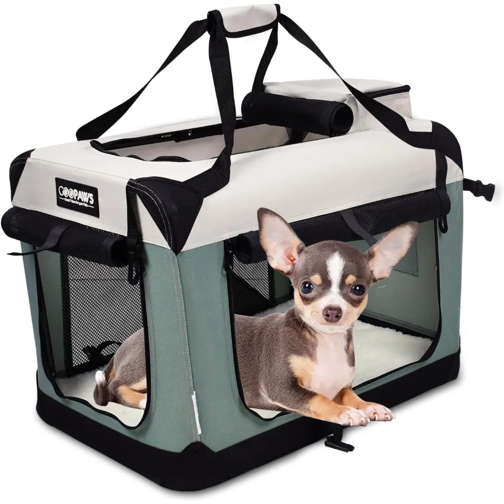 Soft Dog Crates Kennel for Pets, 3 Door Soft Sided Folding Travel Pet Carrier with Straps and Fleece Mat for Dogs